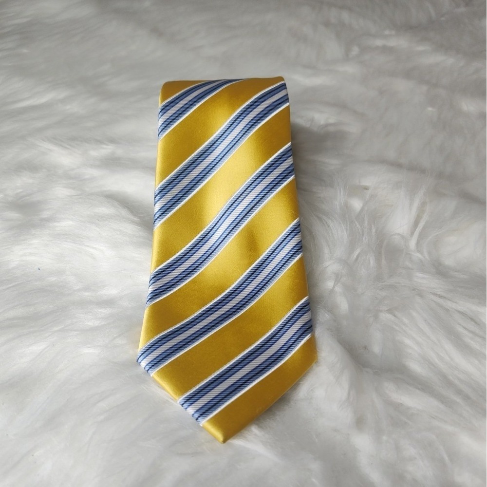 Christian Aujard Necktie Mens OS Yellow‎ Blue White Striped Silk Classic Paris